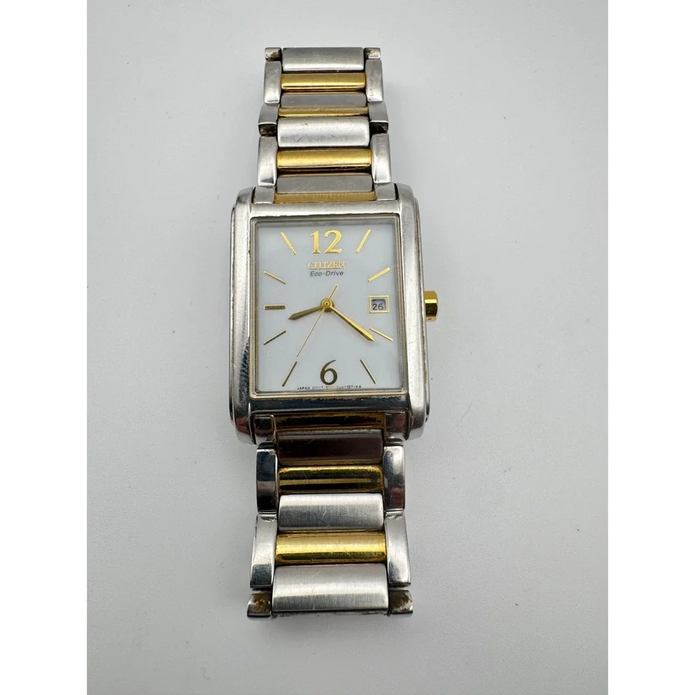Citizen Eco-Drive Mens Watch  Rectangular Two Tone White Dial Date Working READ